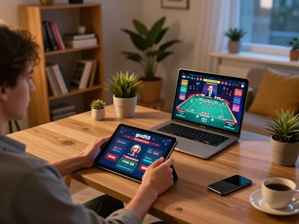 Focused player enjoying the god55 casino app on a tablet at home, inviting atmosphere with strategic gaming elements.