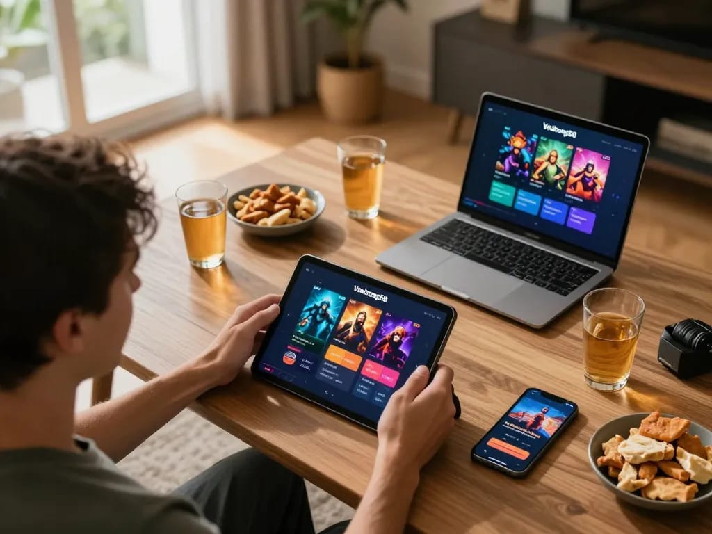 Engaging gameplay on the Vaobong88 casino app from a stylish home setup with snacks and drinks