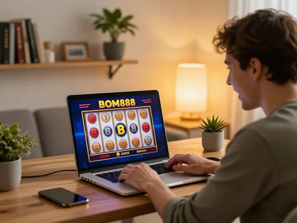 Pengguna yang terlibat bermain permainan kasino online BOM88 di laptop dengan gulungan yang berputar.