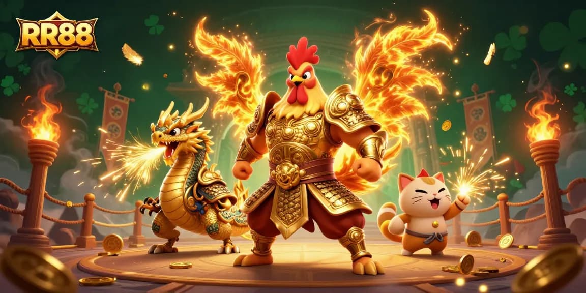 Win big at RR88 with thrilling games featuring fighting roosters and dragons in an epic 3D casino scene!