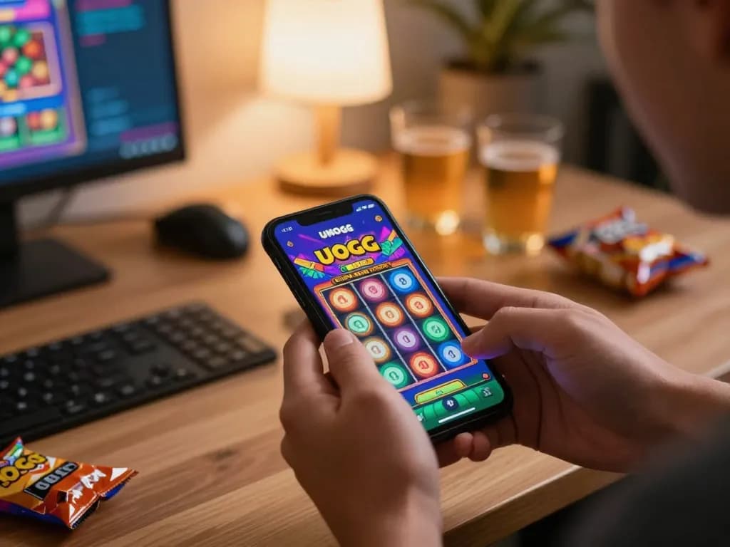 Engaging gameplay on the unogg mobile app showcasing vibrant slot reels and player's hands.