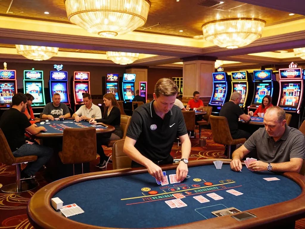 Players enjoying their games at LV88 casino, vibrant atmosphere with various gambling tables.