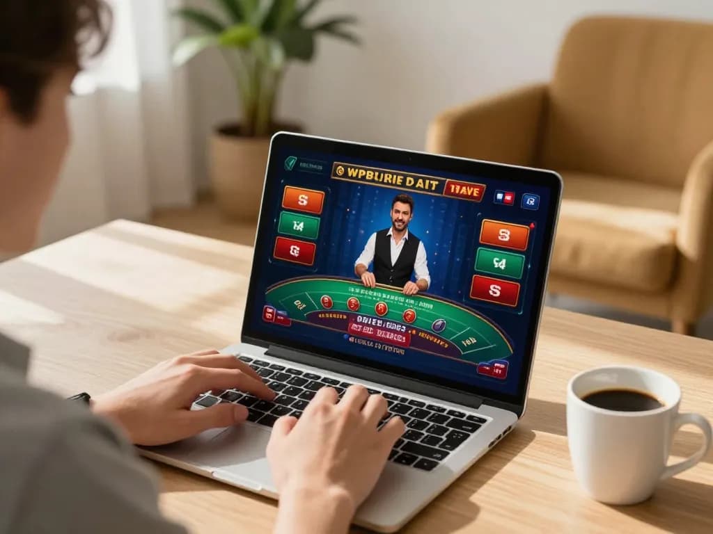 Player enjoying live blackjack on blueskybuds laptop in a cozy home environment.