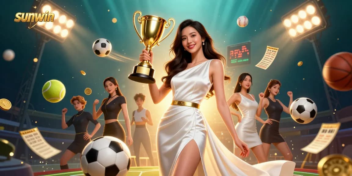 Experience thrilling sports betting excitement with sunwin, featuring vibrant digital artwork of a confident woman holding a trophy.