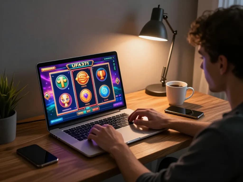 Engaging gameplay on UFA371 slot games through laptop in a cozy home setup.