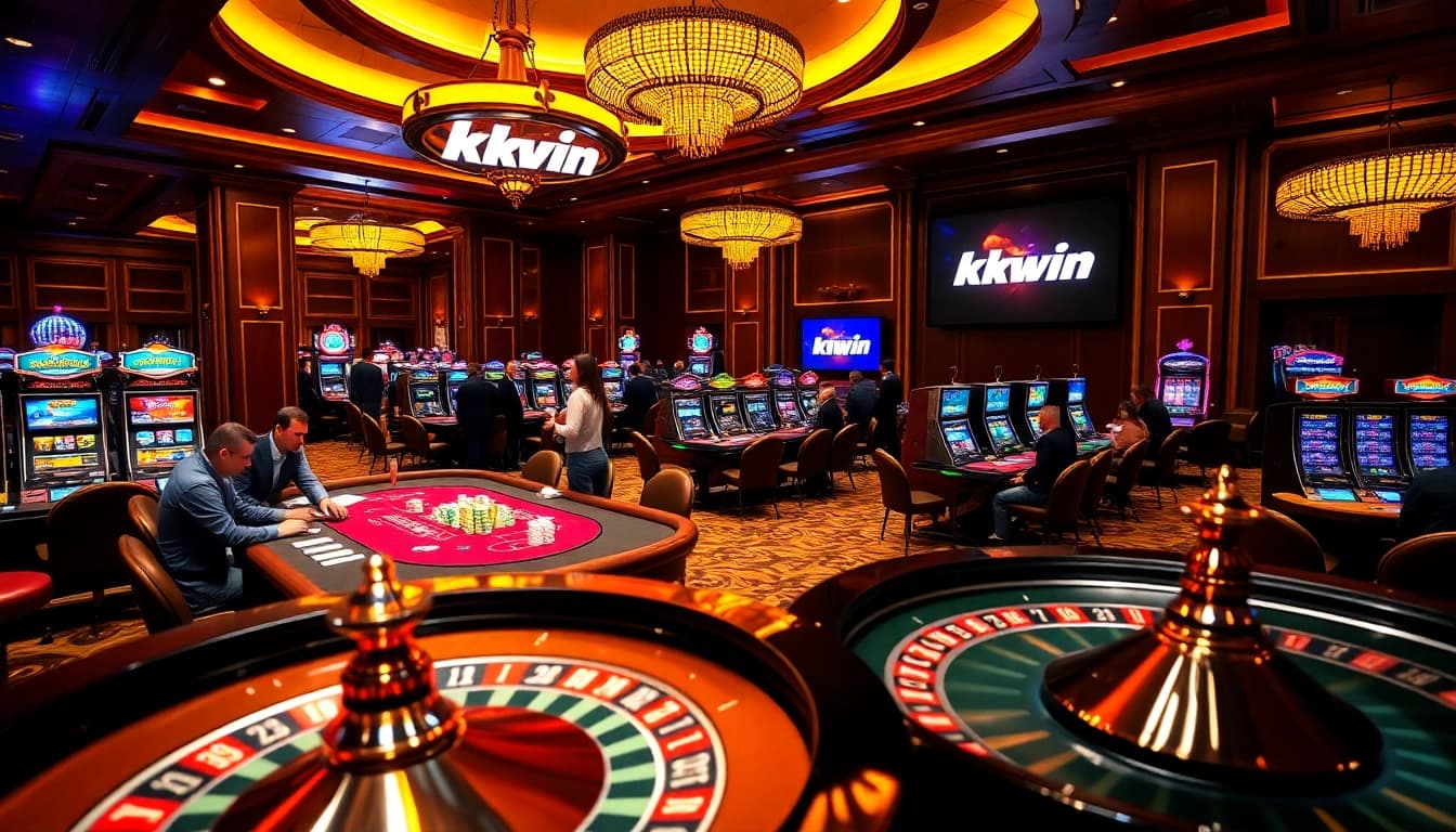Kkwin casino scene with vibrant poker table and spinning roulette wheel, capturing luxury and excitement.