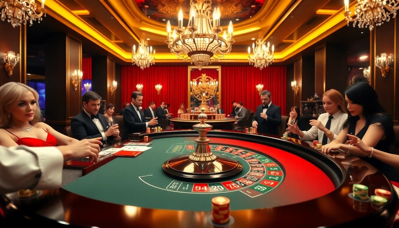 Permainan dewabet dengan pemain bersemangat di meja roulette di kasino mewah