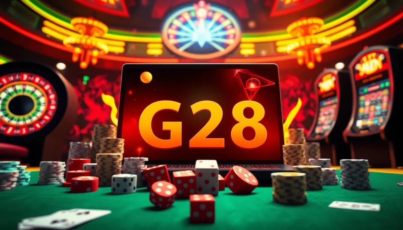 G28 online gambling scene featuring vibrant casino elements like poker chips and roulette wheels.