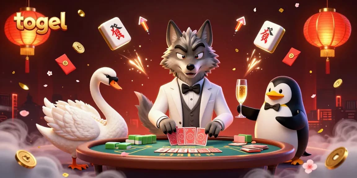 Engaging illustration of togel game elements with a debonair wolf, elegant swan, and penguin presenting energetic casino scene.