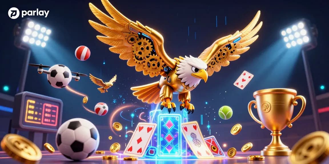 Engaging parlay betting scene with a cybernetic eagle and sports elements energizing the game atmosphere.