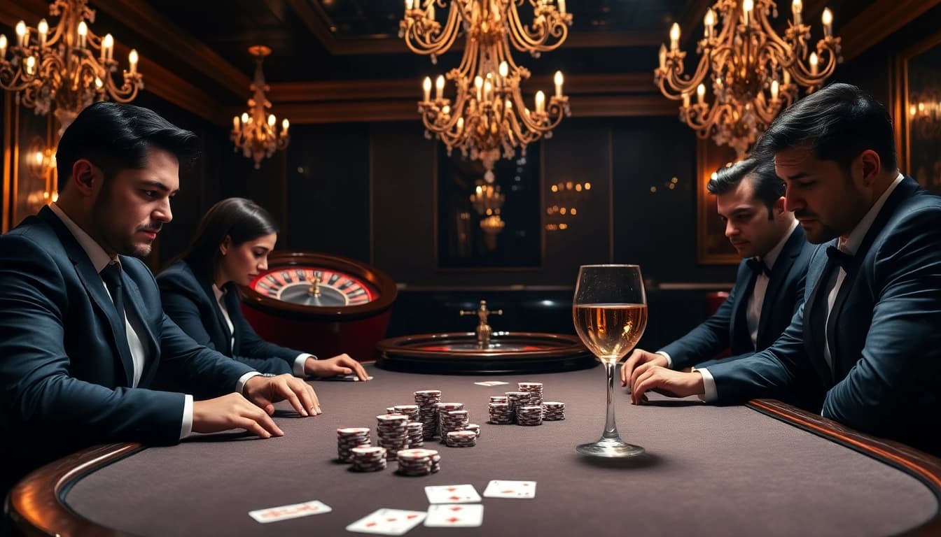 BONG88 poker players engaging in a high-stakes game with professional intensity and luxury.