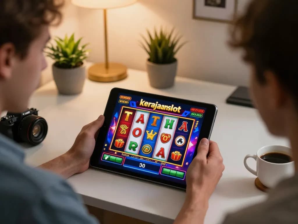 Engaging kerajaanslot gameplay on a tablet in a cozy home office setting.