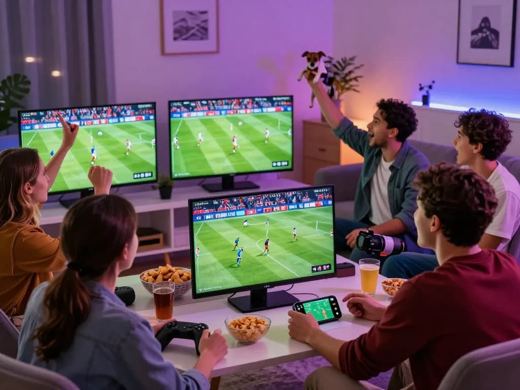 Excited friends watching Judi Bola football match with snacks and drinks in a vibrant living room.