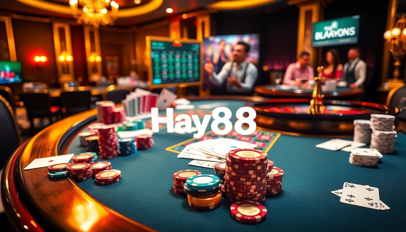 Experience thrilling moments at Hay88 with vibrant poker chips and a roulette wheel in an exciting casino scene.