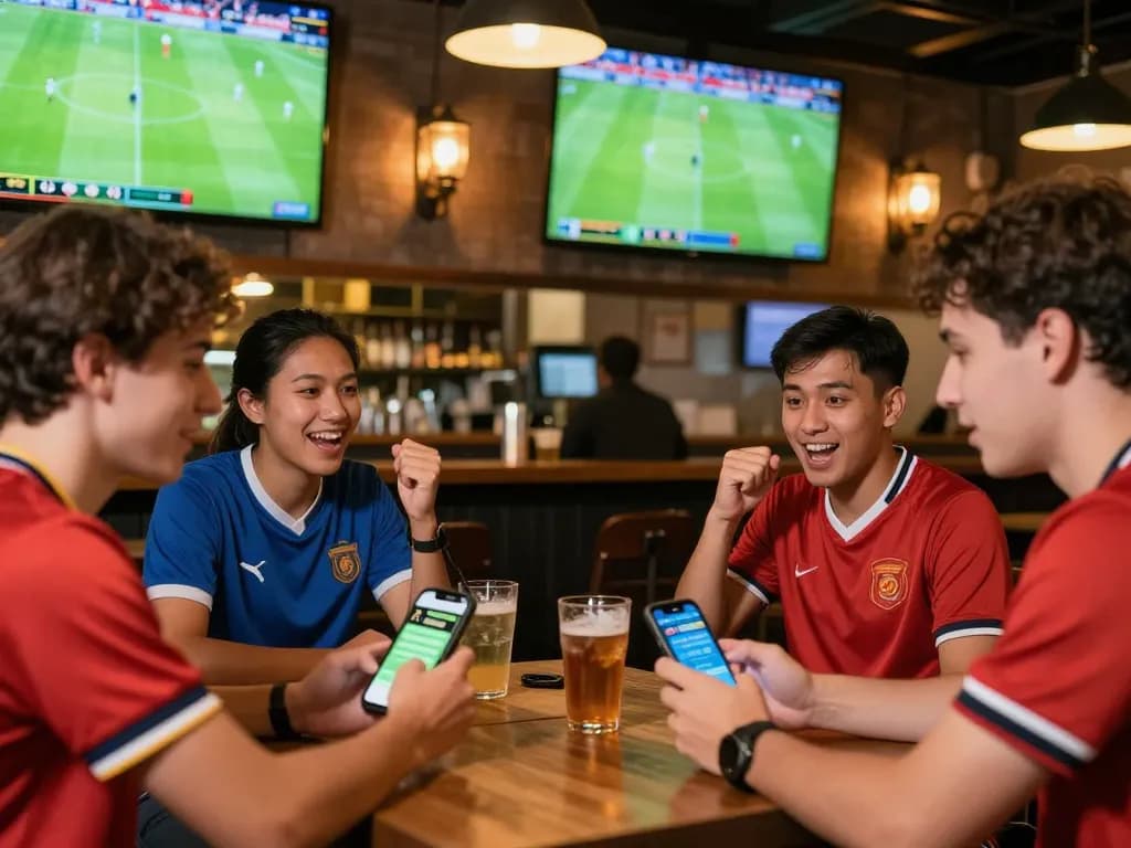 Friends cheering with excitement while checking tỷ lệ kèo nhà cái on smartphones during a football match