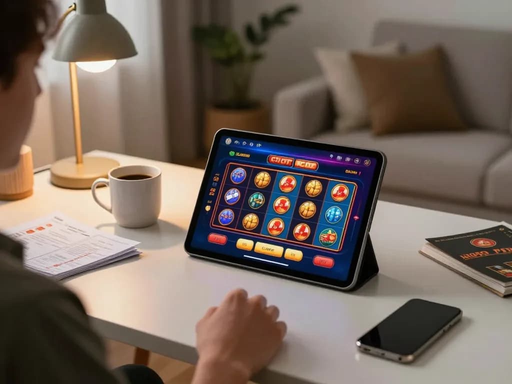 Player engages with a credit card casino on a tablet in a cozy home office setting.