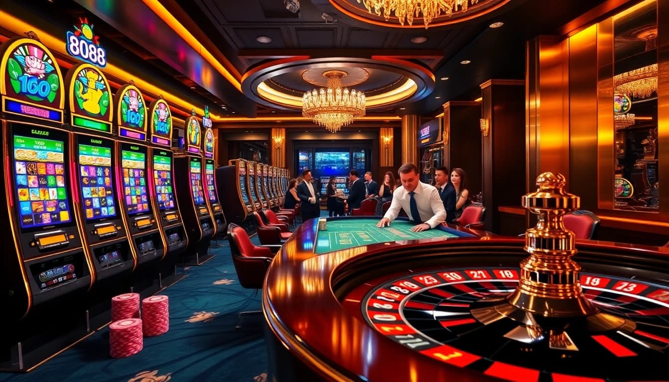 Players enjoying the excitement of slot888's casino games with vibrant slot machines.