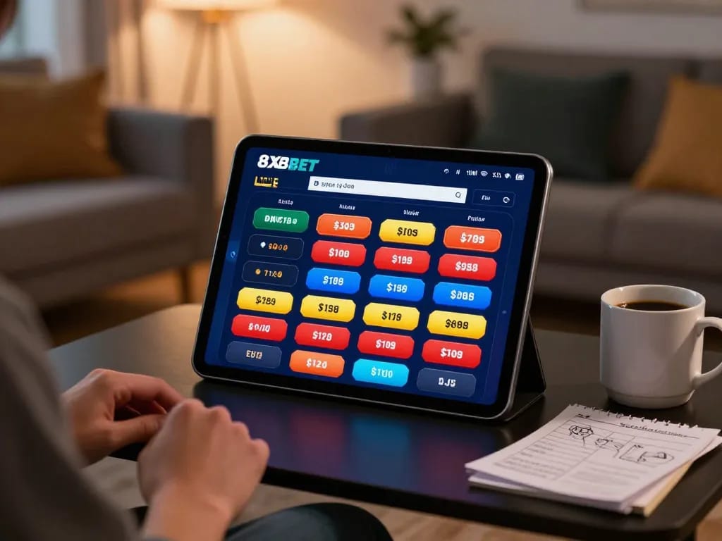 Experience the excitement of sports betting with the 8xbet app on a cozy living room tablet setup.