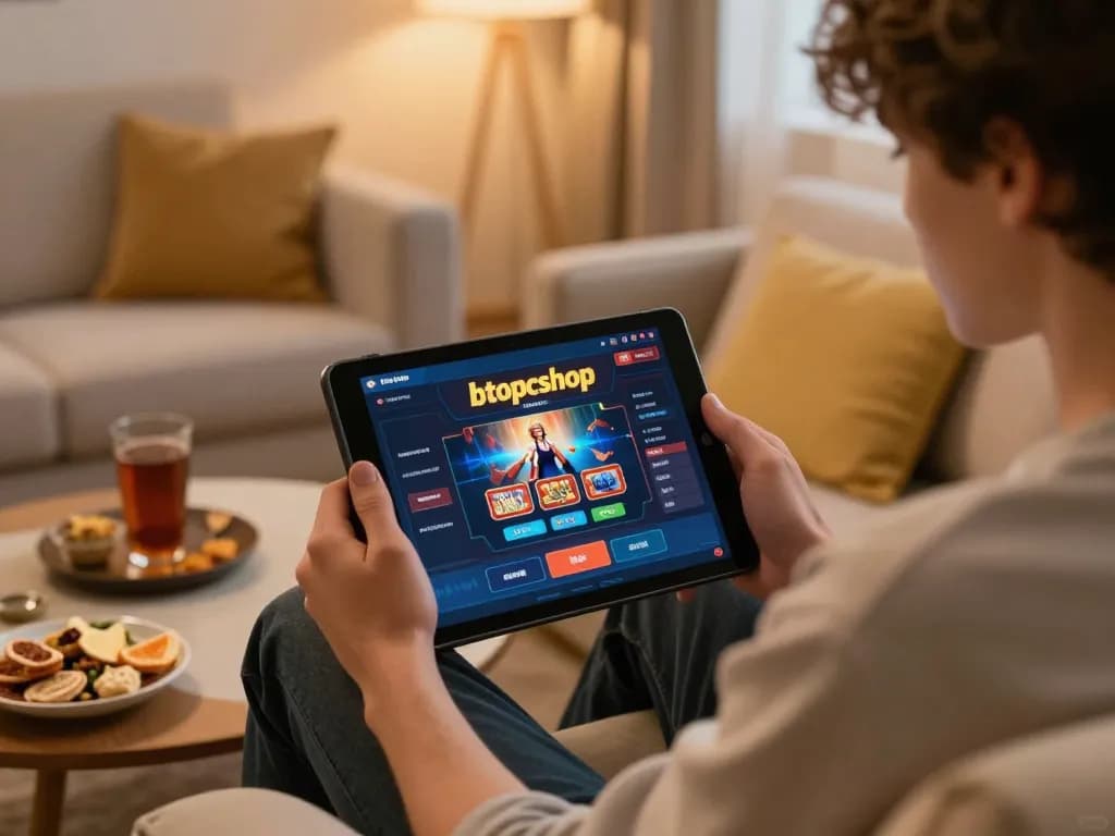 Engaging in online casino gameplay at btopcshop on a cozy couch with snacks.