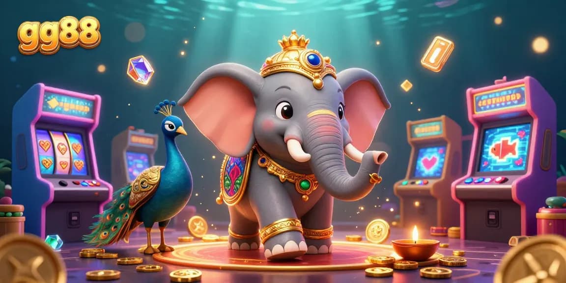 Experience gaming excitement with gg88 featuring a playful elephant and peacock in a vibrant gambling scene.