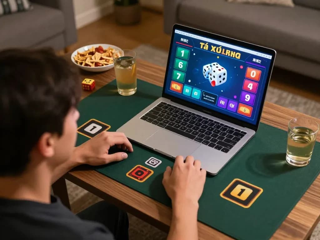 Player eagerly engaging in an exciting tài xỉu online game on a laptop at home