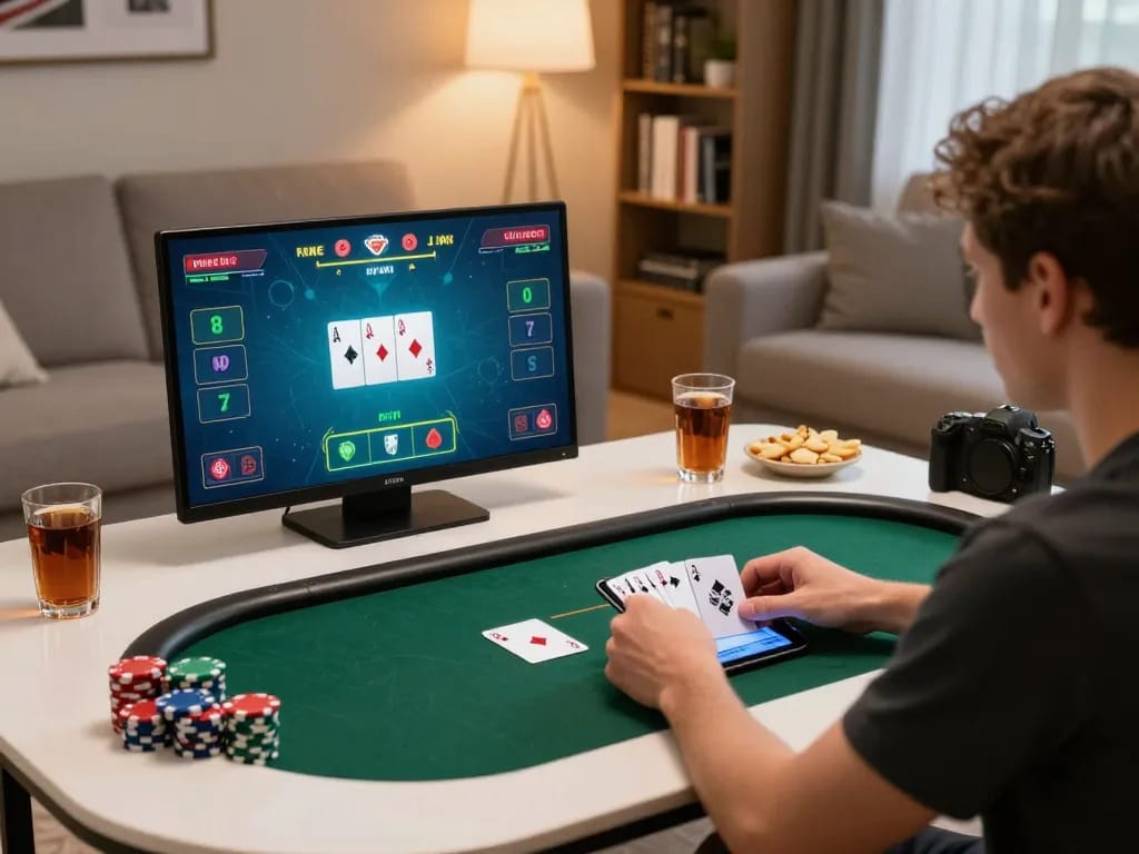 Player engaged in online casino gaming with tr88 đăng nhâp, analyzing their hand and betting strategy in a cozy living room.