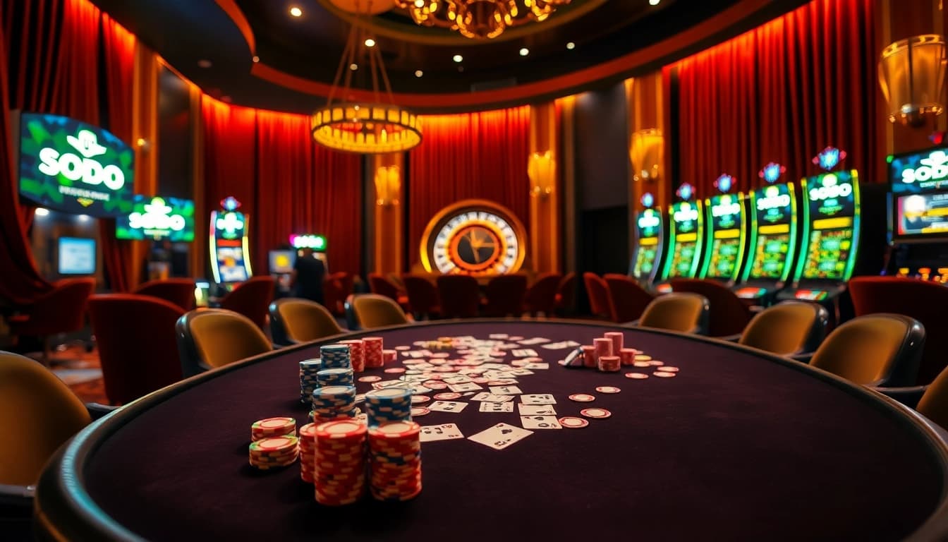 SODO online casino featuring an exciting poker scene with poker chips and vibrant lighting.
