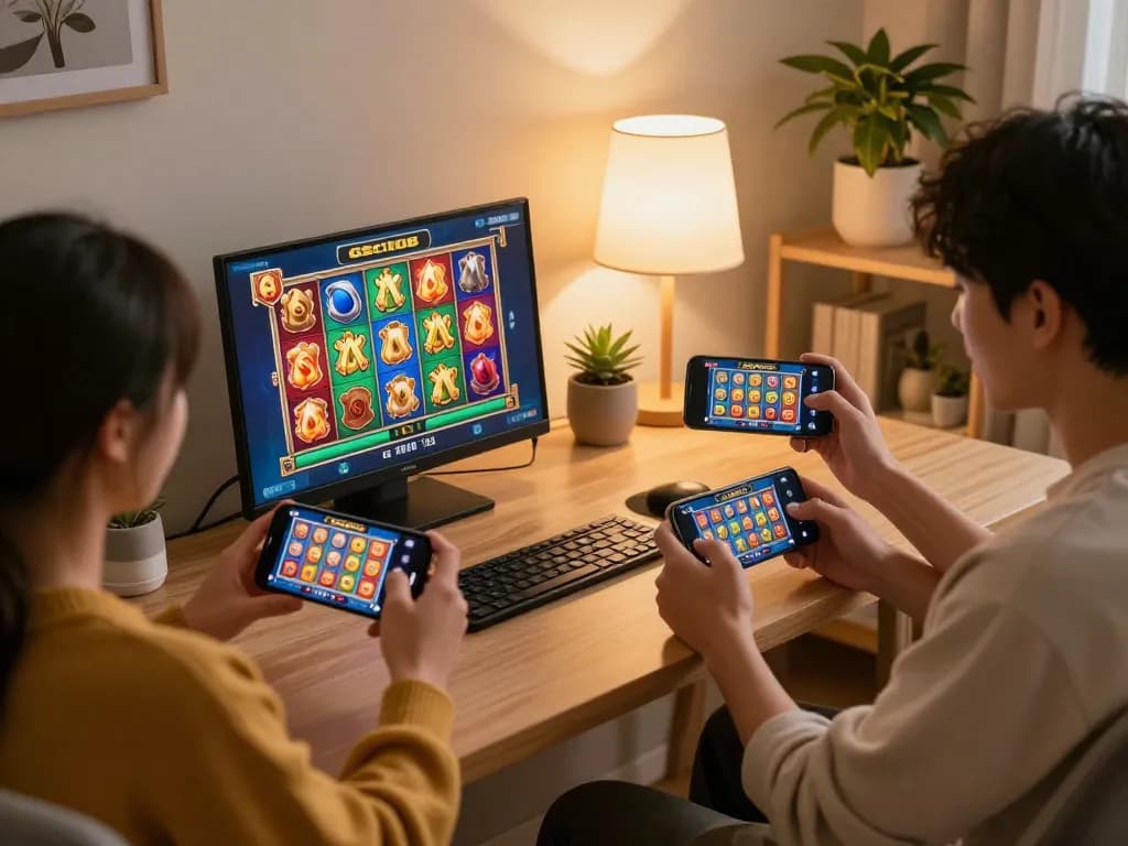 Engaging players enjoying the thrill of Gsc108 online slots on their smartphones in a cozy home setting.