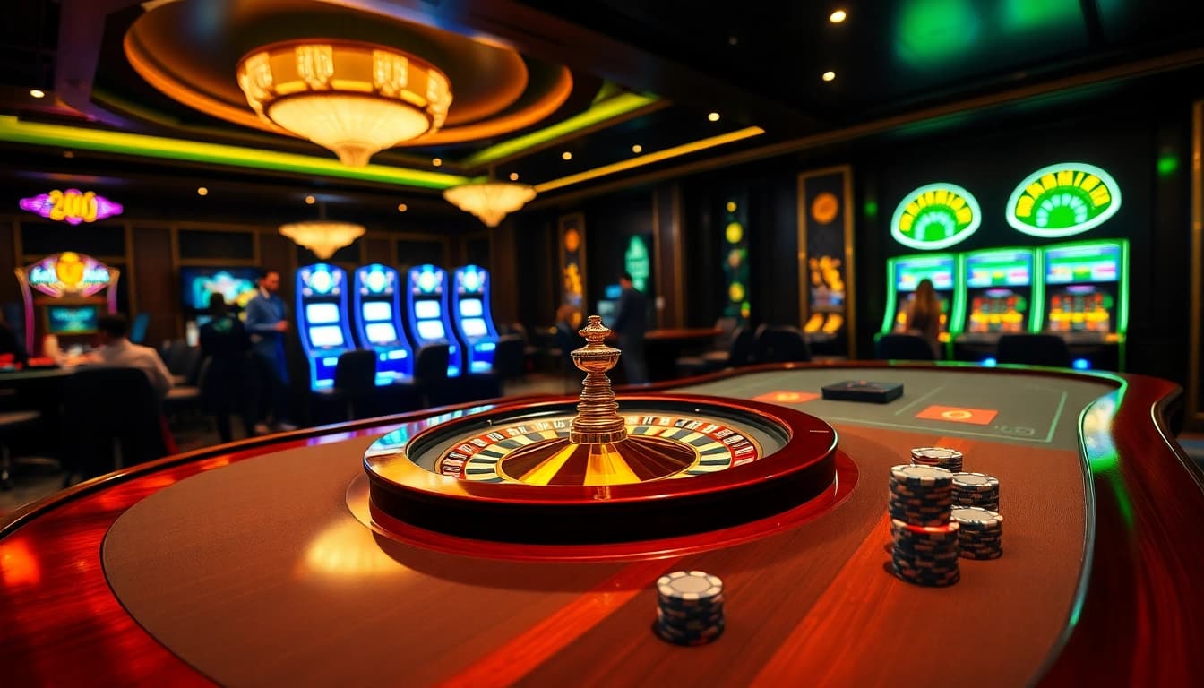 Gamble at lego138 with vibrant casino tables, spinning roulette, and exciting players.