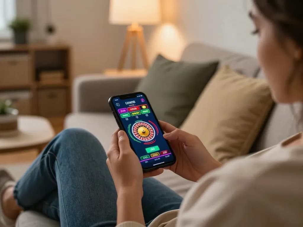 Engaging in exciting mobile betting with bdtk66 app on a cozy sofa, showcasing vibrant game interface