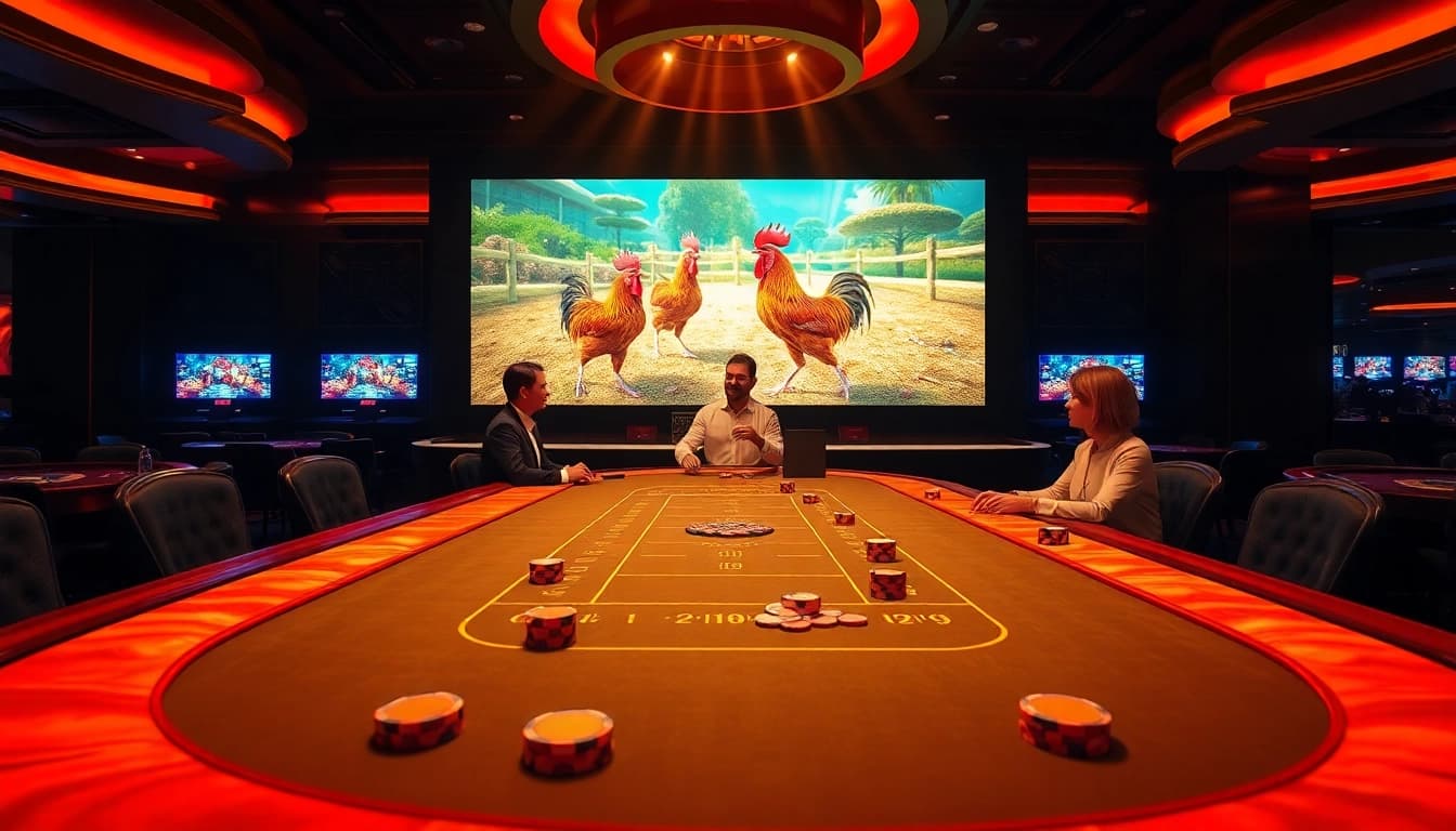 Exciting scene of đá gà xn88 betting at a luxurious casino table with vibrant visuals.