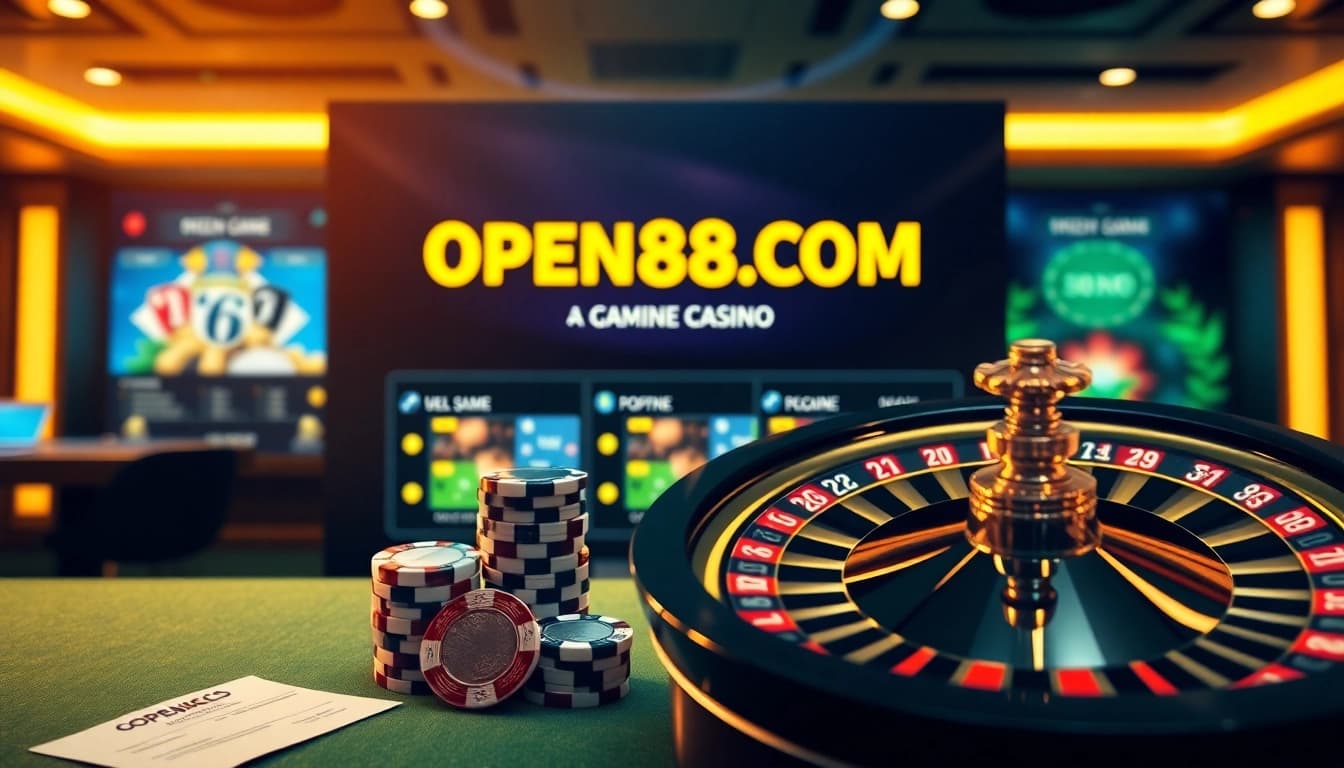 Experience excitement at OPEN88COM with vibrant casino visuals showcasing roulette and poker elements.