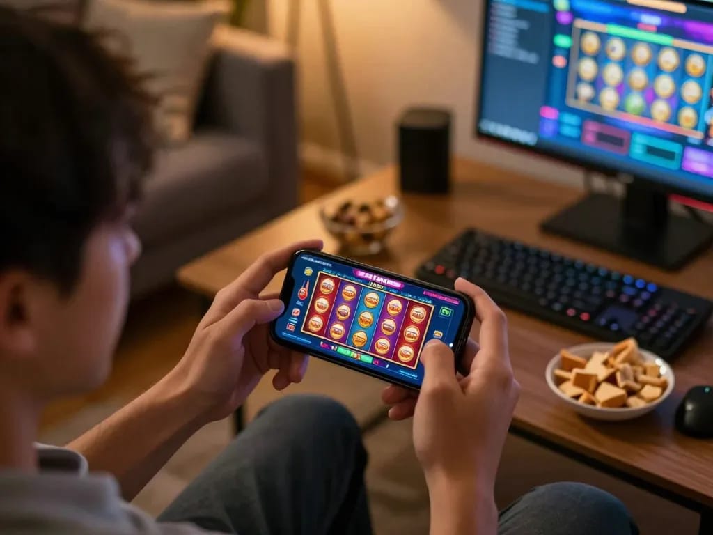 Engage in thrilling gameplay with LLWIN on your smartphone in a cozy home setting.