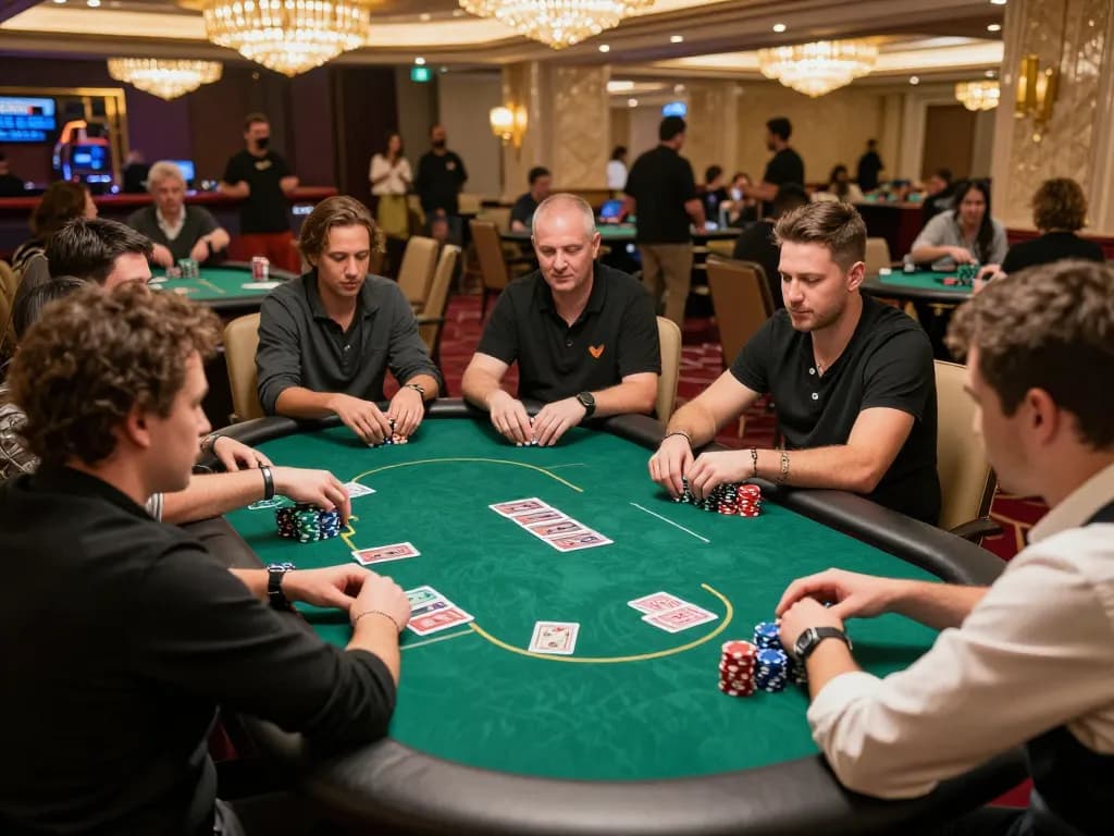 SUNWIN engaged poker players strategizing over chips and cards at a luxurious casino