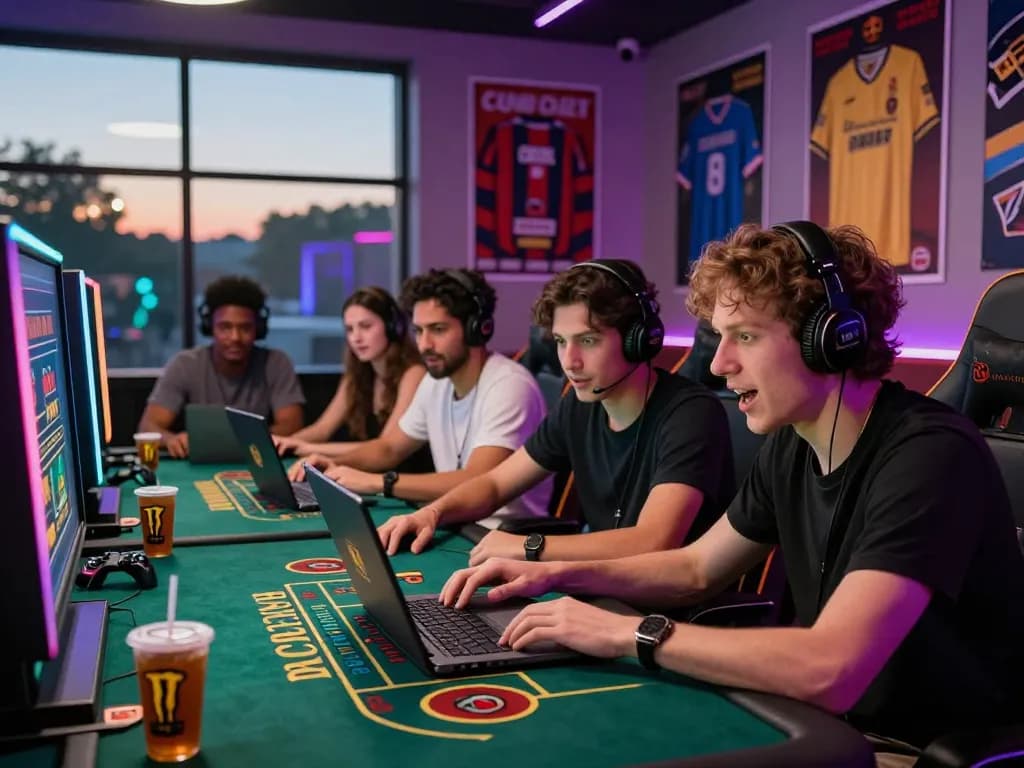 Engaged friends enjoying an exciting online gaming experience at Onbet, illuminated by colorful lights.