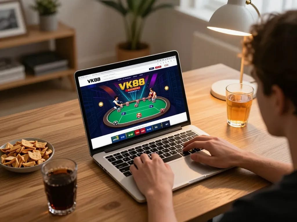 Engaging online poker gameplay with Đăng ký Vk88 displayed on the screen, showcasing a cozy home setup.