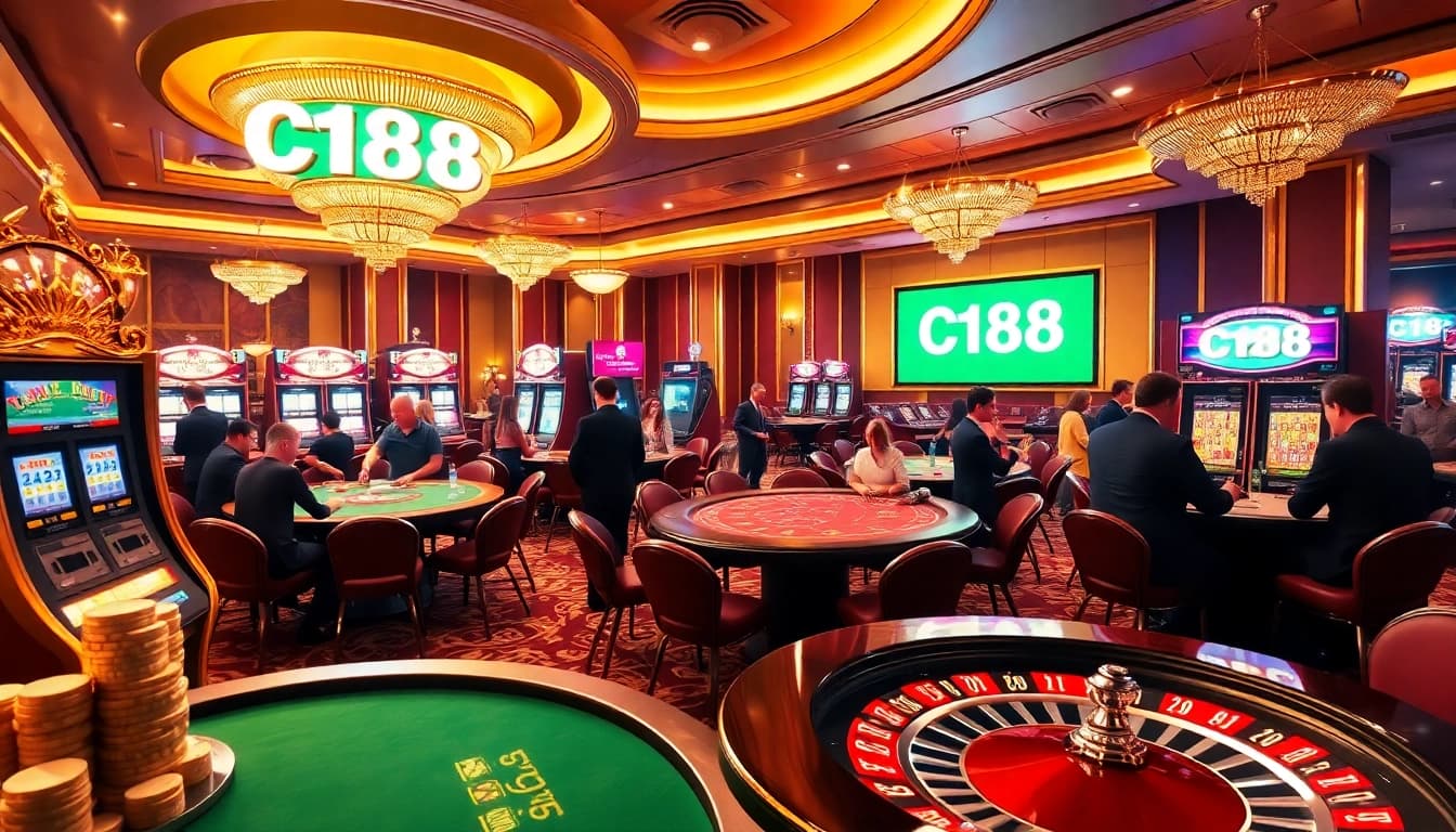 Experience the excitement of gambling at C168 with vibrant casino tables and slot machines.