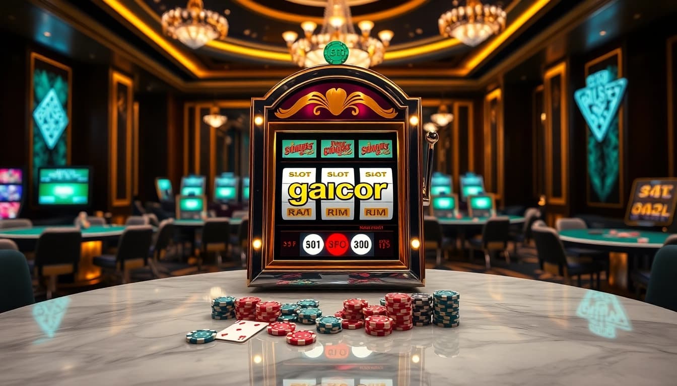 Experience the thrill of Slot gacor as players engage with vibrant machines in a luxurious casino setting.