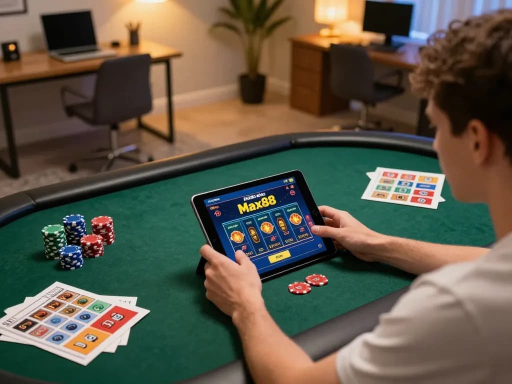 Player engaging with Nhà cái Max88 on tablet in a cozy home office.