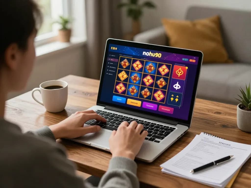 Playing nohu90 online casino on a laptop with vibrant slot games visible on screen.
