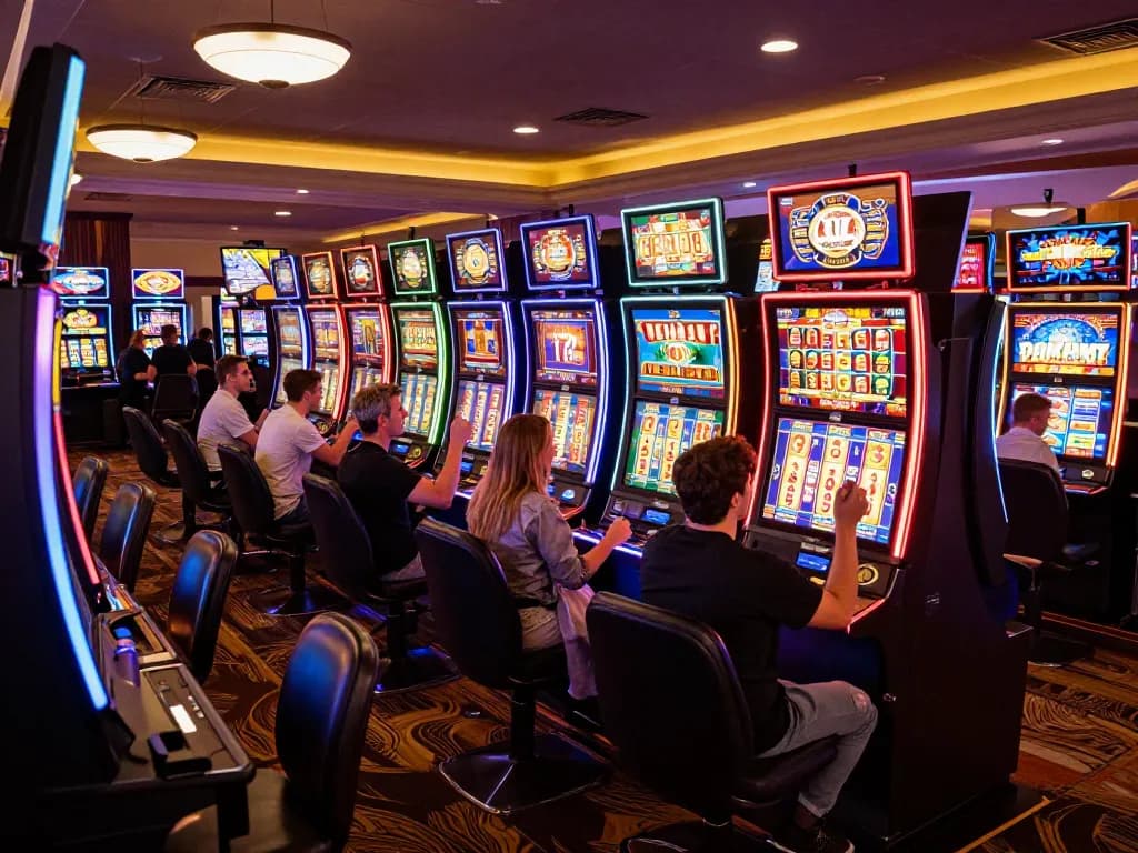 Players enjoying thrilling wins at colorful slot online machines in a lively casino.
