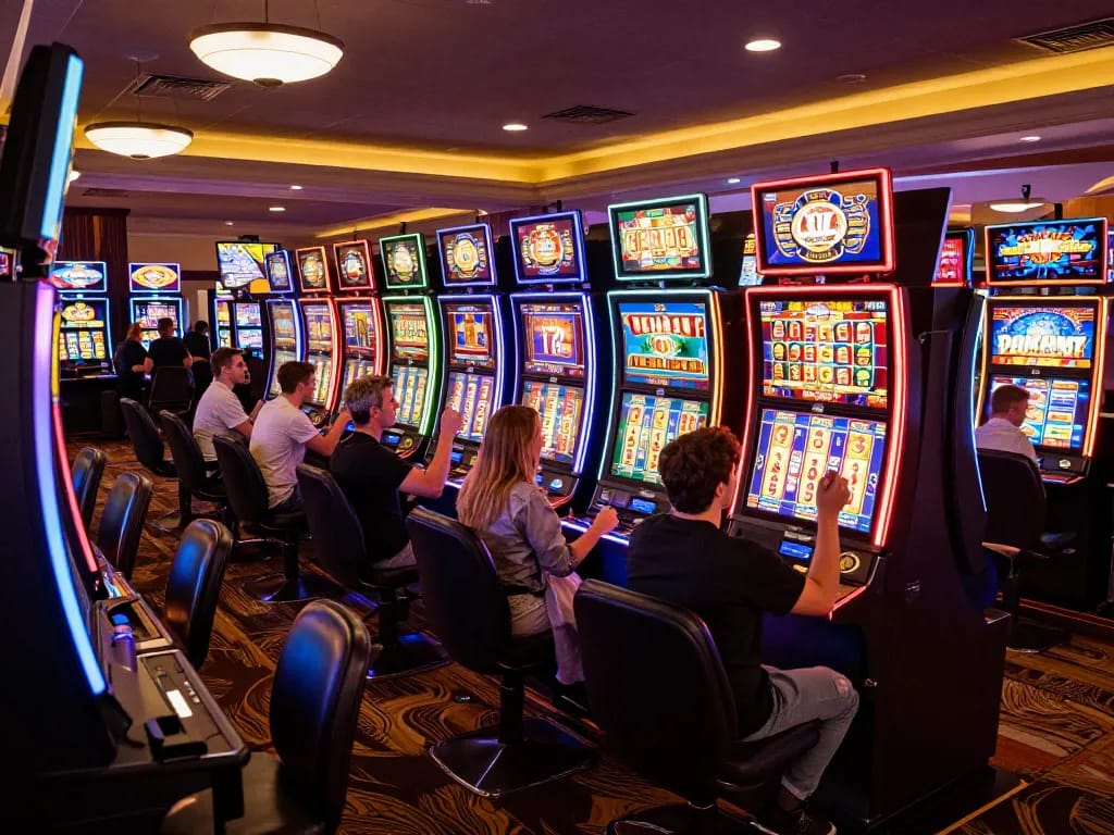 Players enjoying thrilling wins at colorful slot online machines in a lively casino.