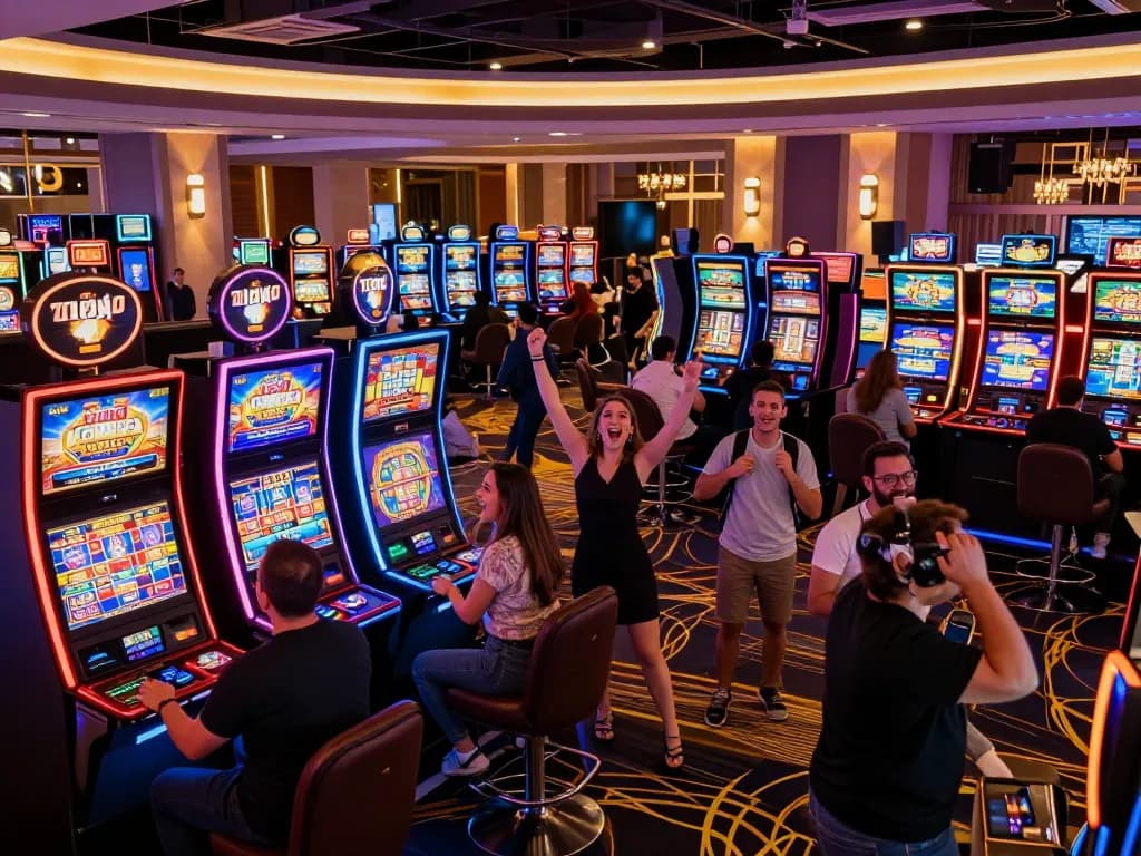 Players enjoying vibrant slot machine games at 789P casino, showcasing lively gaming atmosphere