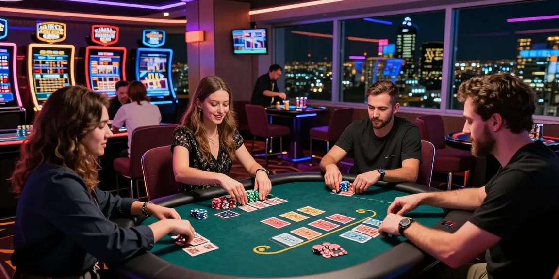 Exciting gambling scene at https://663bet.com.pk/, featuring lively card games and vibrant casino atmosphere.
