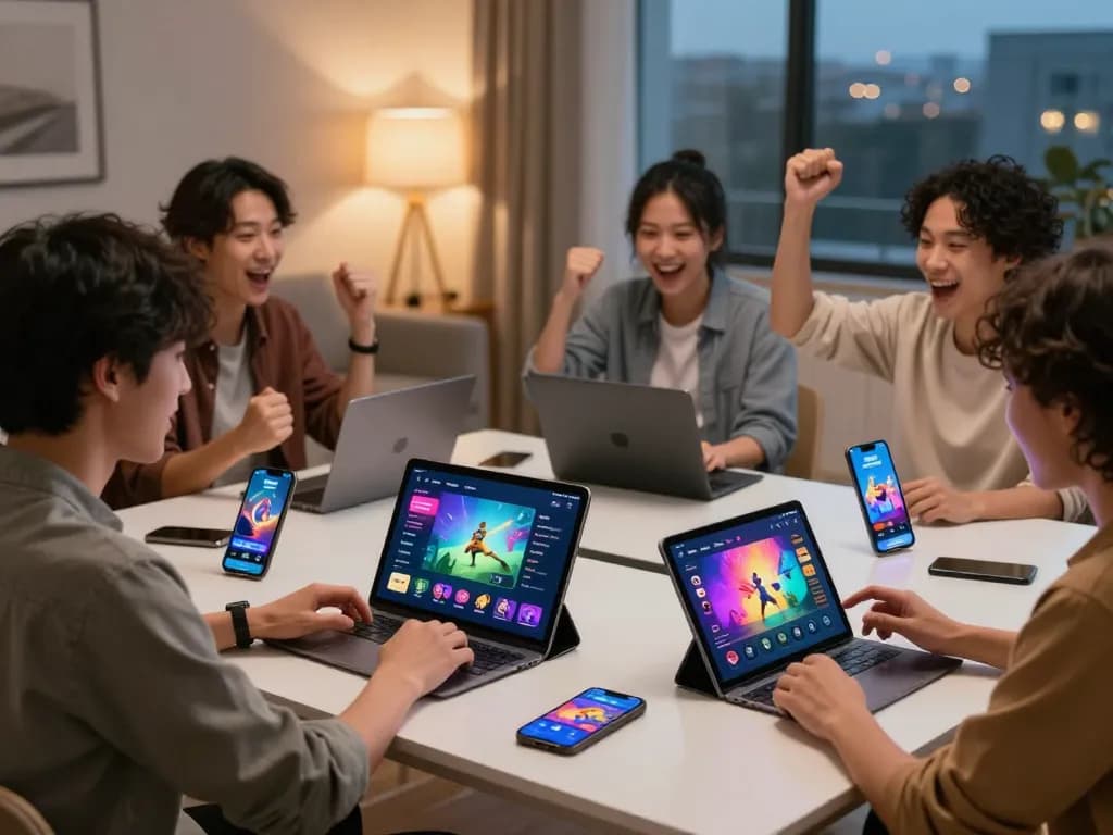 Dynamic scene of players enjoying NK88 online gaming on mobile devices at home, showcasing excitement and engagement with https://qnk88.com/.