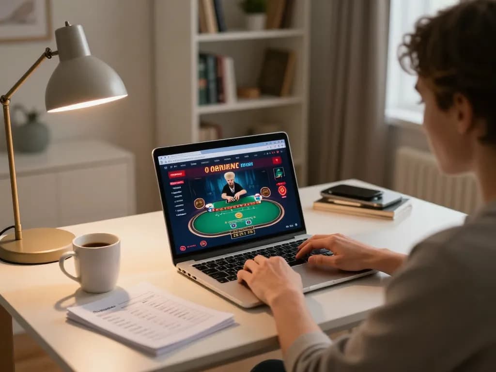 Engaged in online poker gameplay on https://mm88.today/ with cozy home setup and bankroll notes.