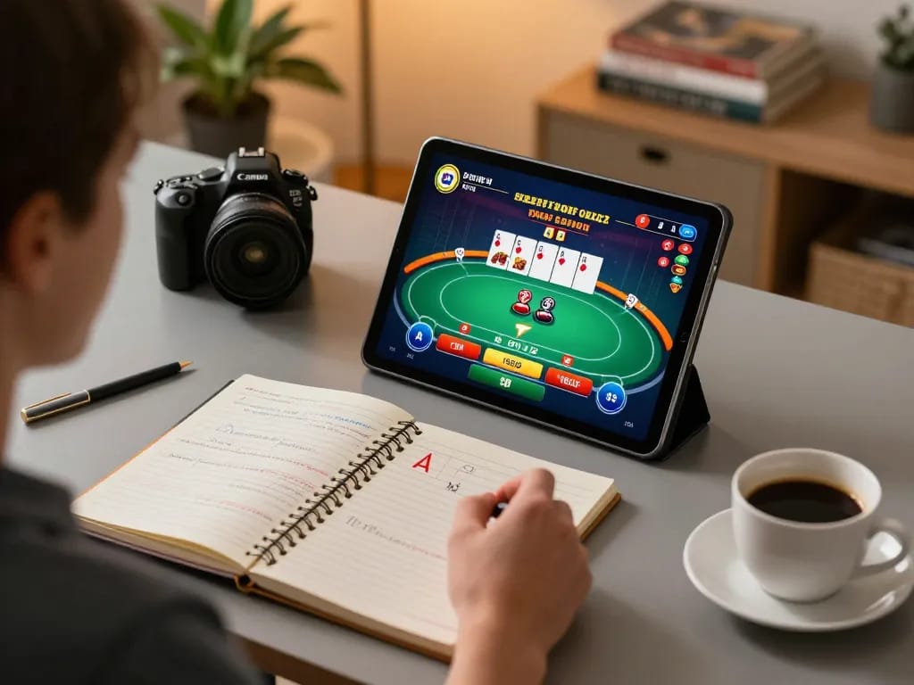 Player engaging in mb66 online poker game with strategic notes and cozy home elements