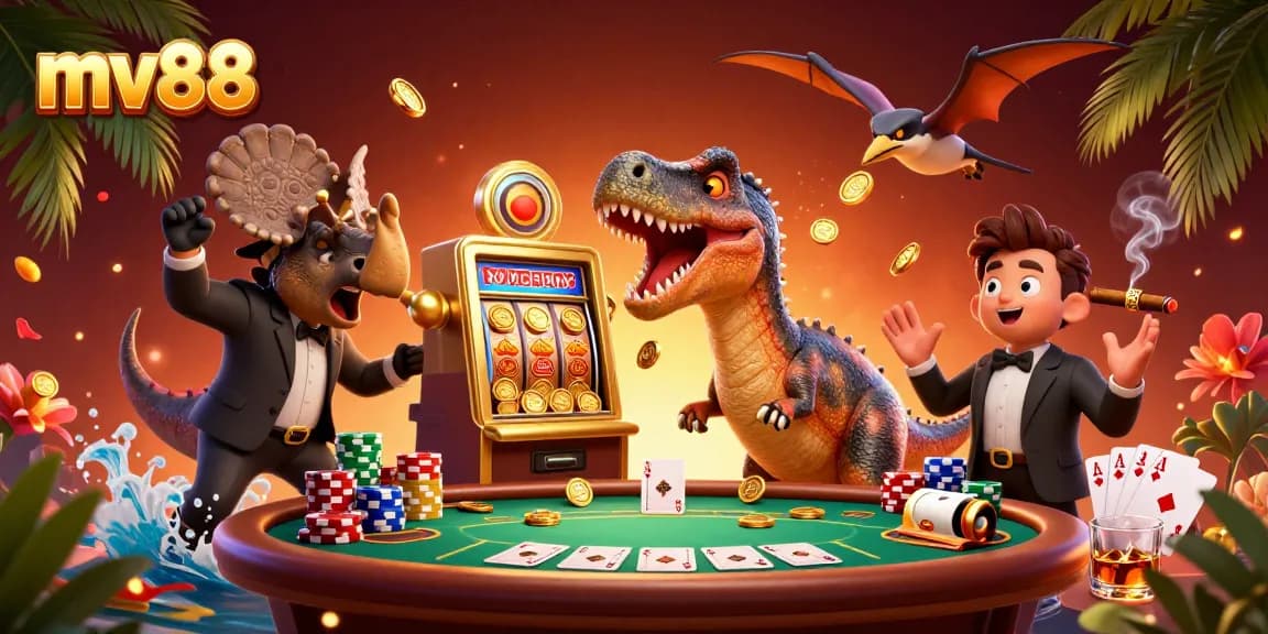 Experience the thrill of mv88 as a pachycephalosaurus celebrates big wins with jackpots and flying coins.