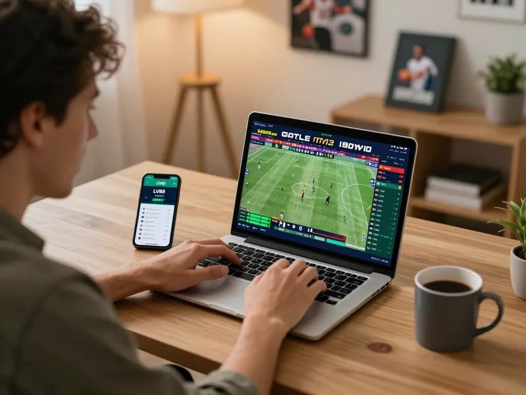 Person using LV88 betting app on laptop during an exciting sports event.