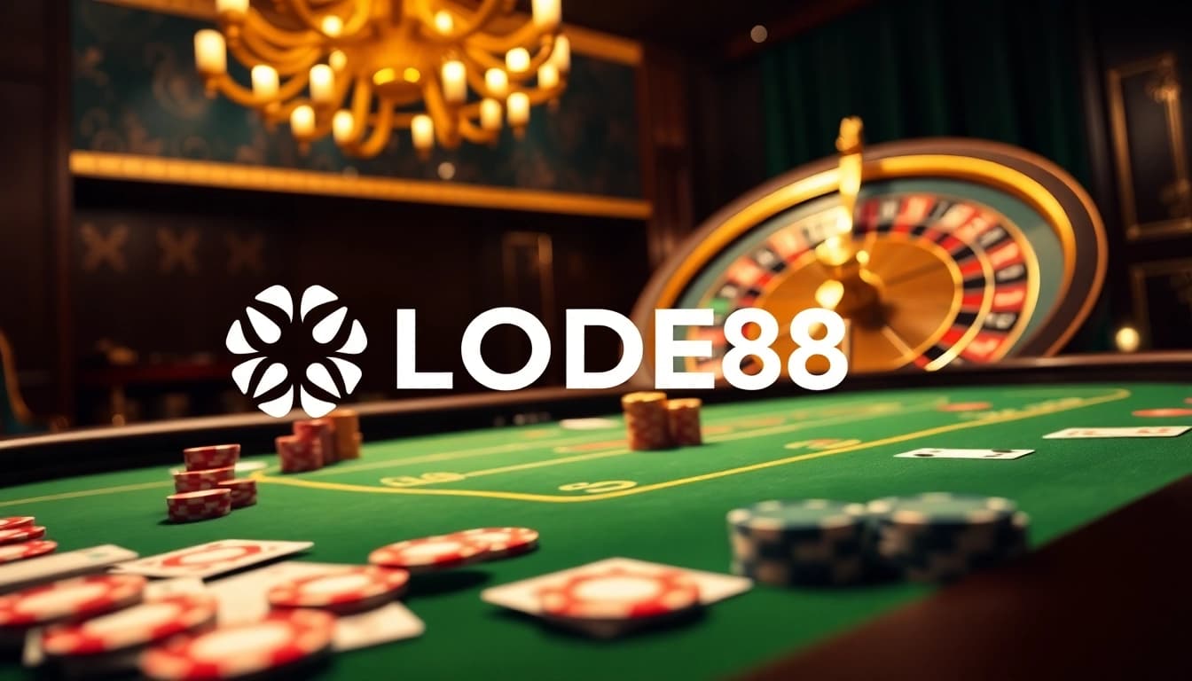 Engage with LODE88's thrilling online poker experience featuring vibrant chips and an elegant table.
